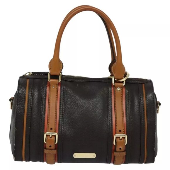 BURBERRY Hand Bag Leather 2way Dark Brown Gold Auth 114741 - Picture 2 of 16